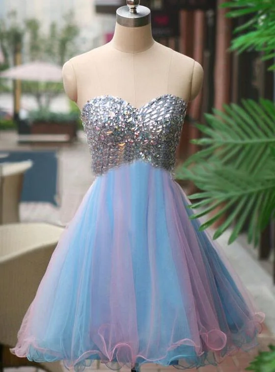 A-Line Sweetheart Multi Color Tulle Short Homecoming Dress 2024 with Beading Crew Neckline Casual