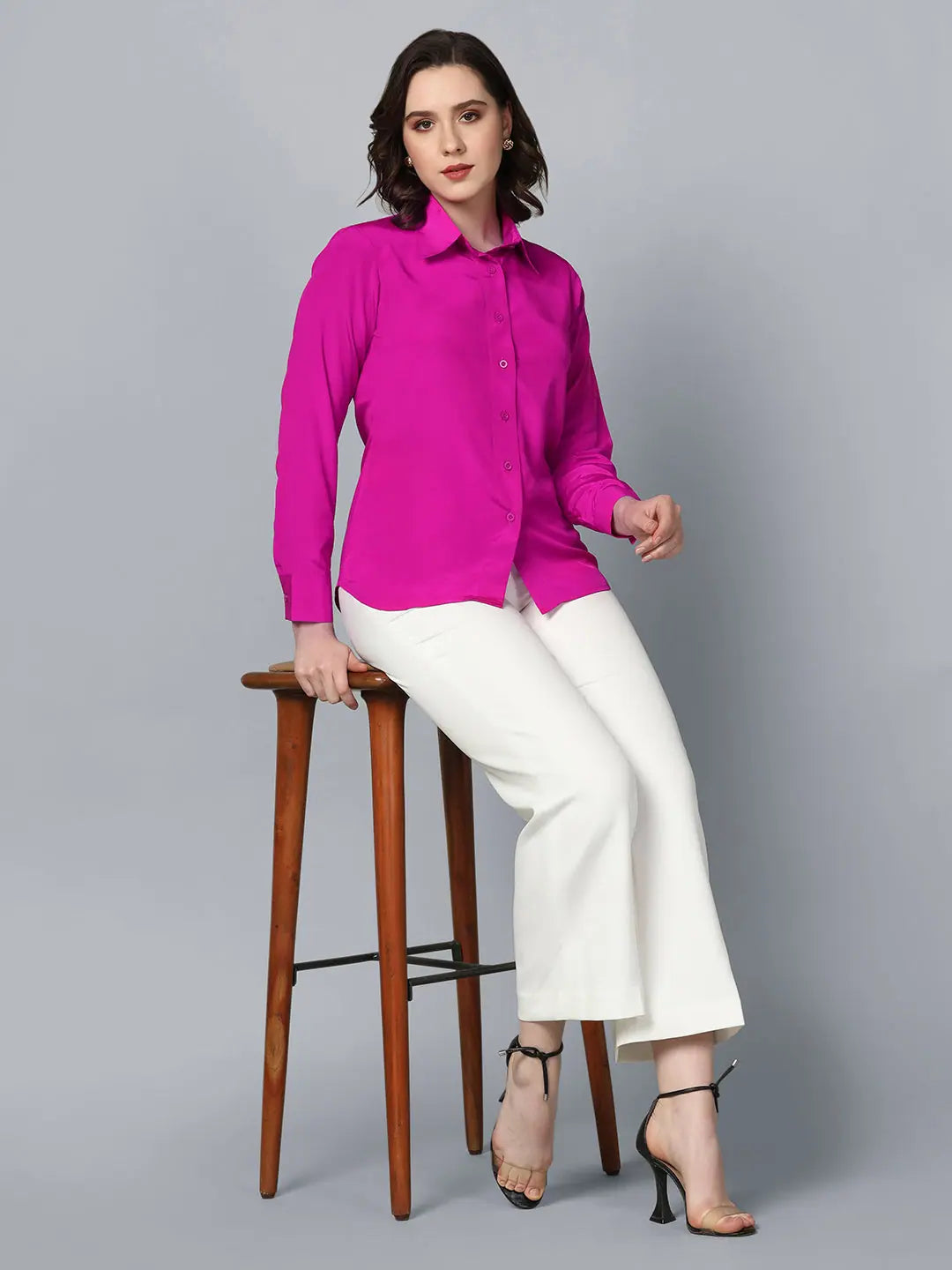PowerSutra Collared Crepe Shirt- Pink-- Striped Floral Plaid