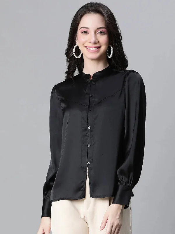 Women Solid Black Mandarin Collar Long Sleeve Satin Shirt-W23122WSH004-- Denim Fabric Leather Fabric Suede Fabric