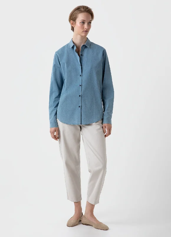 Women's Denim Rinse Shirt in Light Indigo-- Cotton Fabric Linen Fabric Terry Fabric