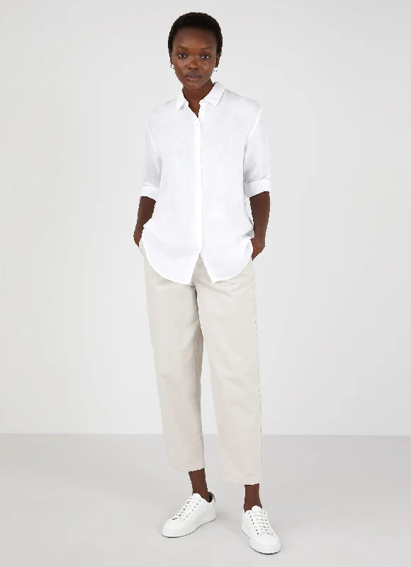 Women's Linen Shirt in White-- Ribbed Striped Patterned