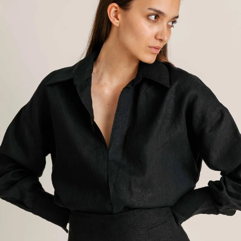 Date Night Shirt | Linen-- Collared Crew Neck Turtle Neck