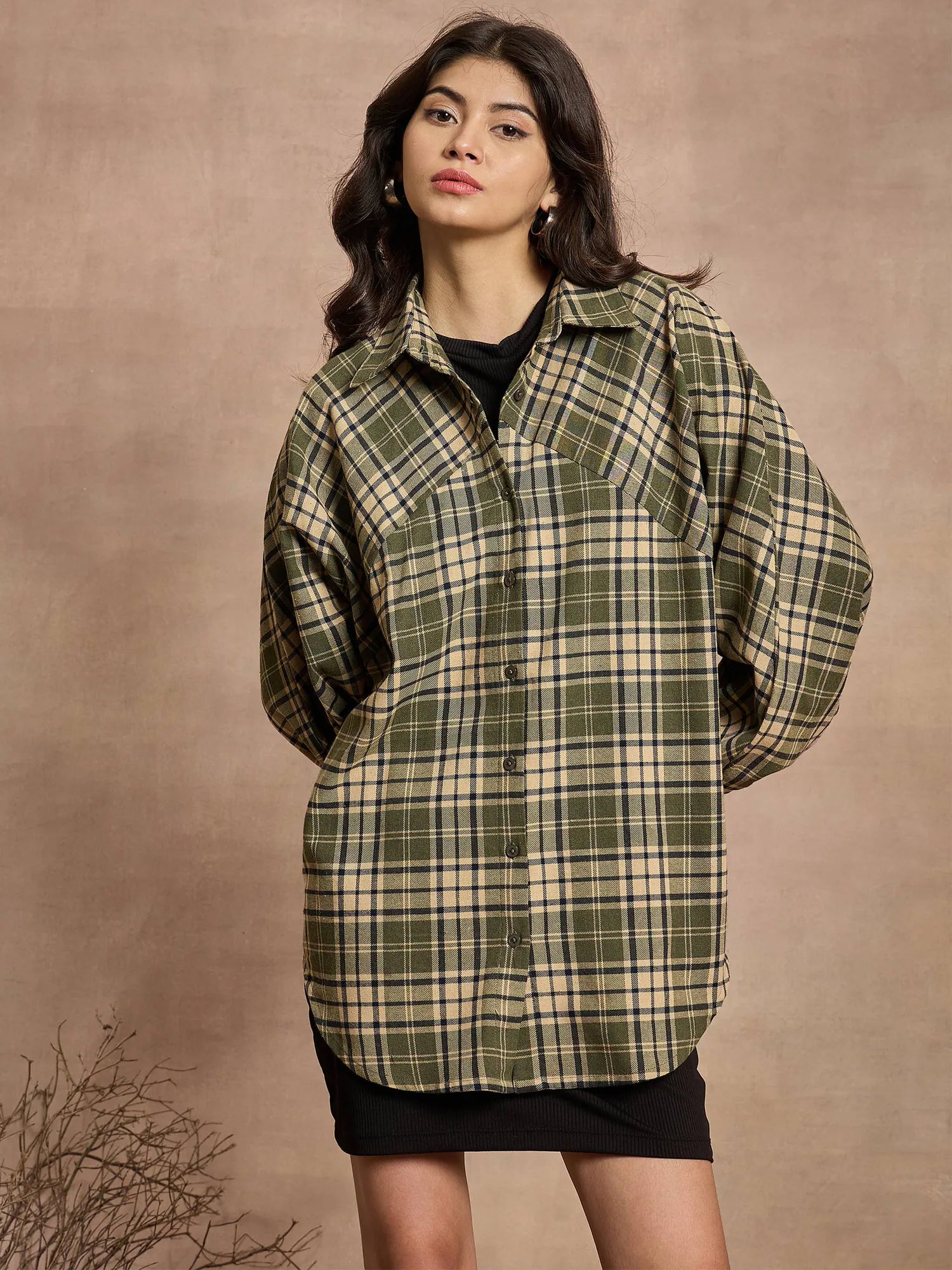 Women Green & Beige Checked Oversized Shirt-SFSHRT20531-- Polka Dot Checkered Tartan