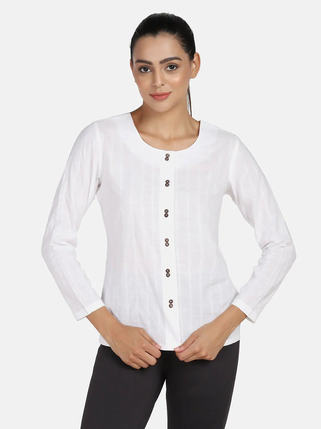 PowerSutra White Comfort Striped Casual Shirt-- Print Jacquard Patchwork