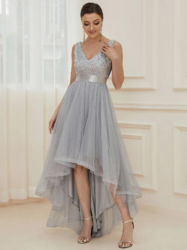 Sparkling Wholesale Evening Dresses with Asymmetrical Hem Deep V Neck Tunics Top rated