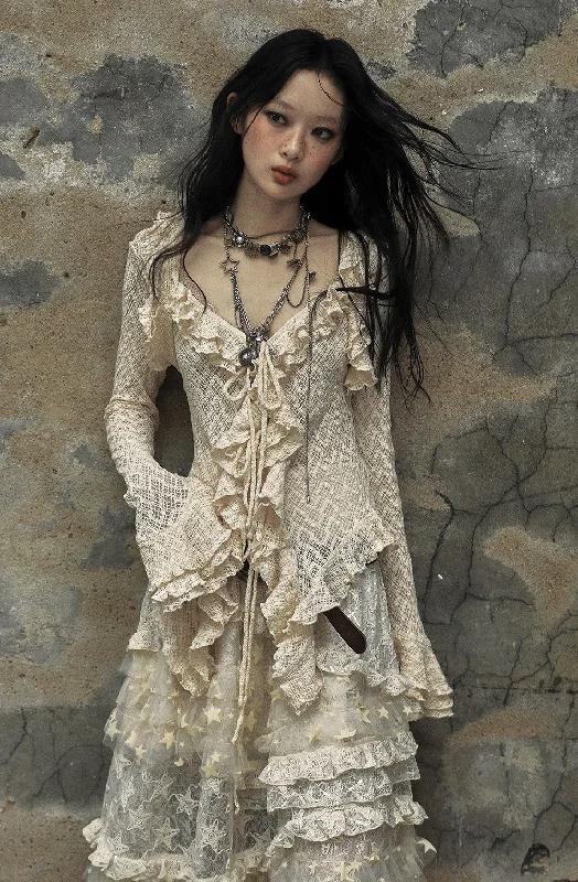 Retro Palace Ruffled Slim Lace Trumpet Sleeve Shirt NOR0098-- Fleece Fabric Down Fabric Feather Fabric