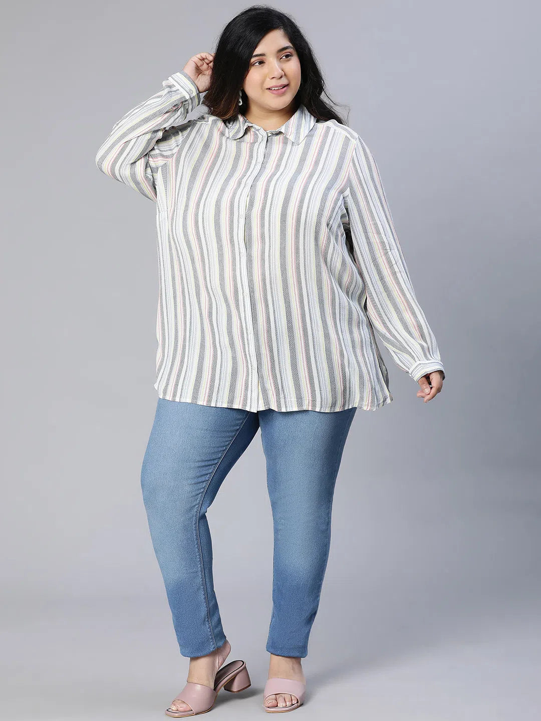 Beauted Stripes Print Plus Size Women Cotton Shirt-- Zippered Front Buttoned Front Snap Front