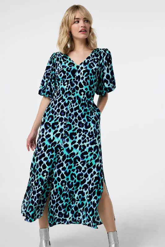 Turquoise with Black and Blue Shadow Leopard Puff Sleeve Midi Tea Dress Tunics Occasion special