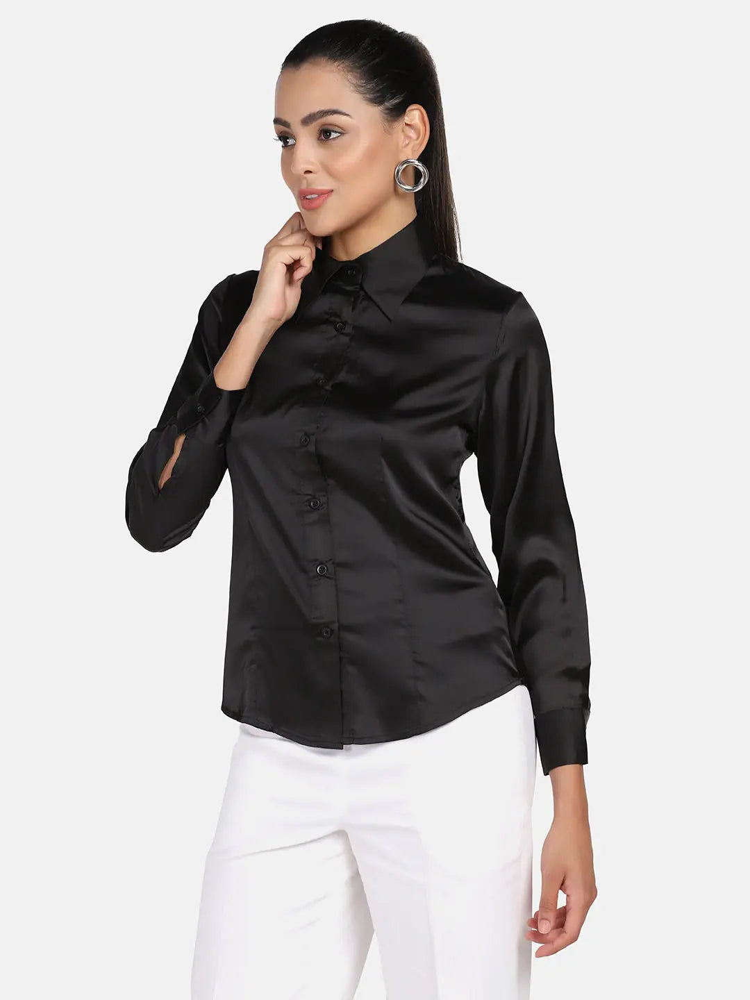 PowerSutra Satin Stretch Shirt - Black-- Houndstooth Herringbone Solid