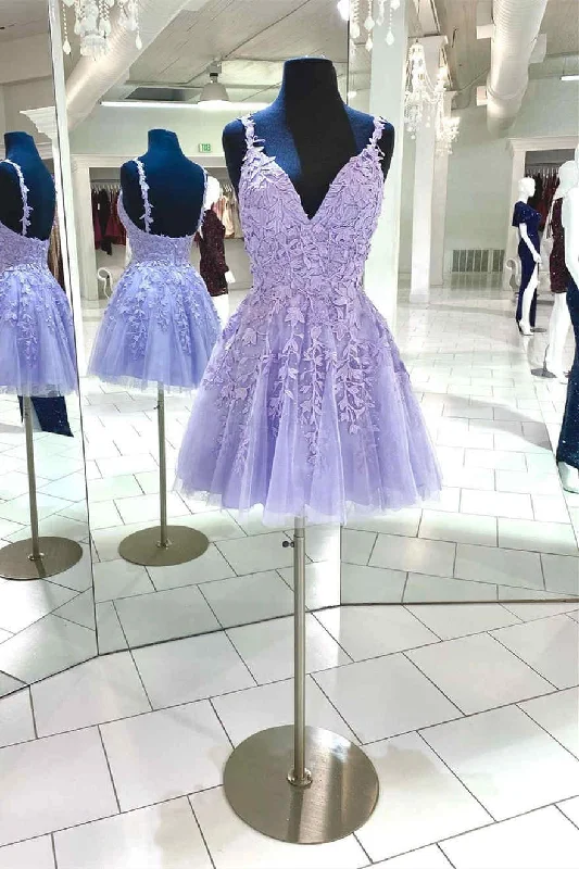 V-Neck Lace Appliques Lavender Short Homecoming Dress Tunics Spring floral