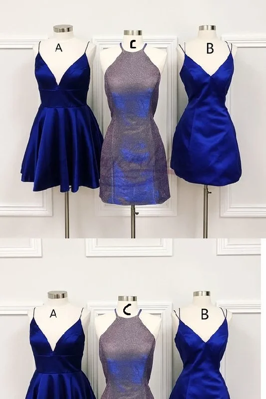 Spaghetti Strap V Neck Royal Blue Short Homecoming Dresses Casual Short Summer