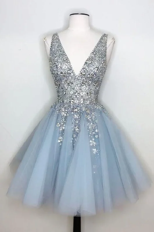 Princess Silver Sequins And Light Sky Blue Short Homecoming Dress Tunics Office stylish