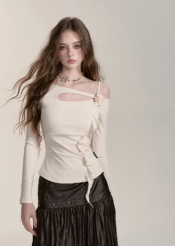 Slim Fit Ribbon Oblique Shoulder Long-sleeved T-shirt VIA0190-- Elegant Classic Vintage