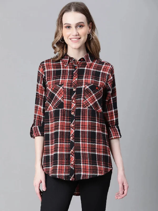 Women Multicolor Check Print Collared Long Sleeve Cotton Shirt-W23244WSH005-- Hooded Caped Shawl Collar
