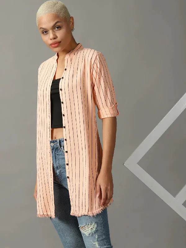 Women's Pink Striped Longline Shirt-AE-444107-Peach-- Silk Blend Satin Velvet