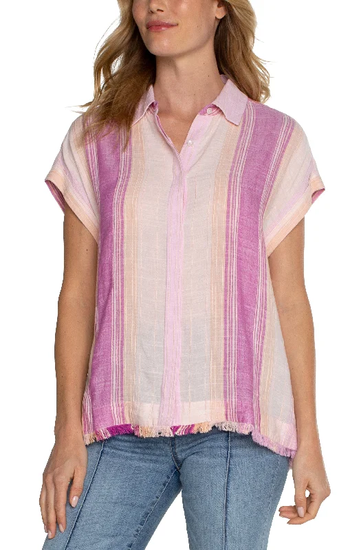 Striped Short Dolman Slv Collared Button Down Camp Shirt w Fray Hem-- Anti-Pilling Machine Wash Handmade