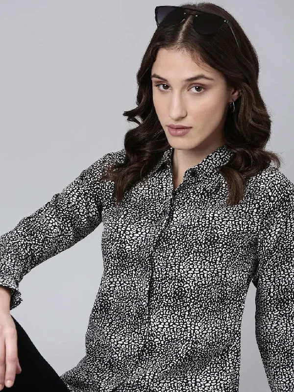 Women Black Printed Shirt-AE-333815-Black-- Lace Blend Ribbed Blend Corduroy Blend
