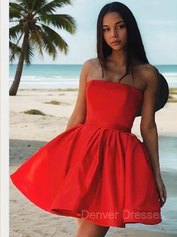 A-Line/Princess Strapless Short/Mini Satin Homecoming Dresses Boatneck Modish Everyday