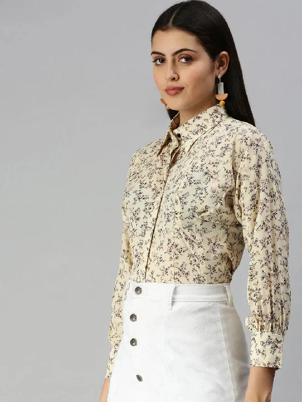 Women's Yellow Printed Shirt-AE-10197-Yellow-- Satin Blend Silk Blend Wool Blend