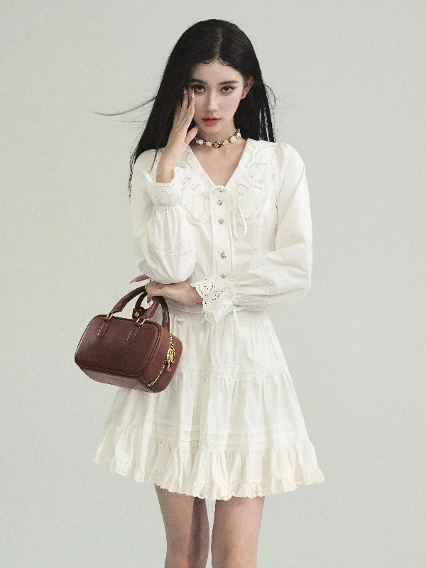 Palace White Lace Large Collar Shirt/Skirt FRA0200-- Beaded Sequined Faux Fur