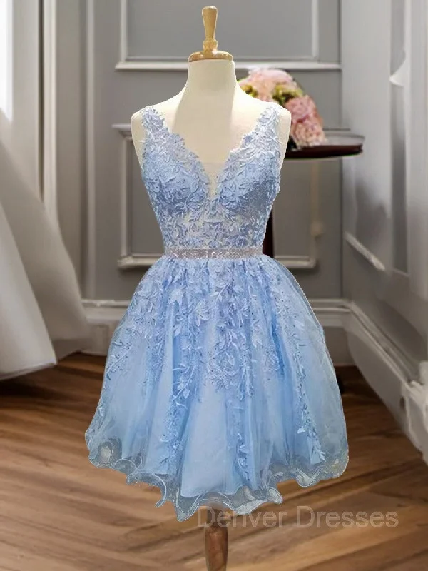 A-Line/Princess V-neck Short/Mini Tulle Homecoming Dresses With Appliques Lace Tunics Party sparkling