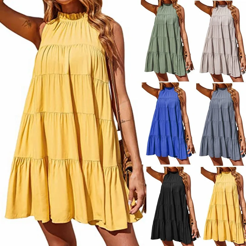 Summer Fashion Elegant Casual A line Dresses Halter Neck Ruffles Tiered Girls Mini Beach Dress Tunics Canvas sturdy