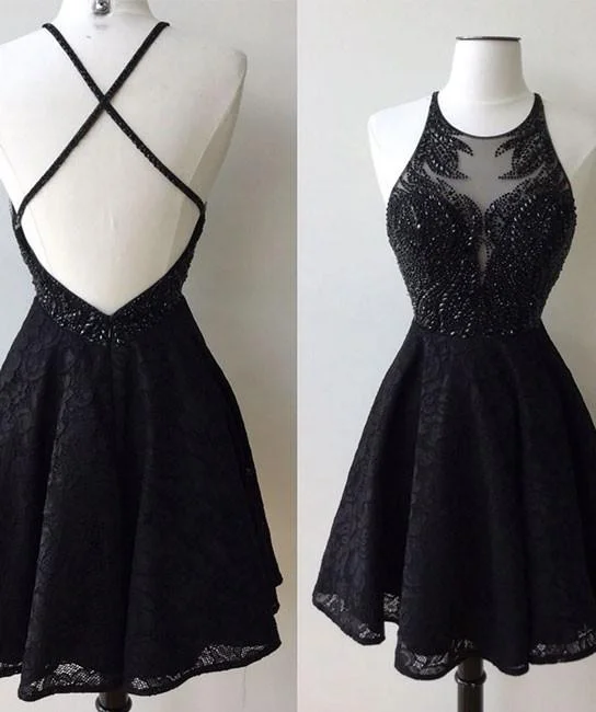 A-Line Jewel Backless Short Black Lace Homecoming Dress 2024 with Beading Tunics Chinos classic
