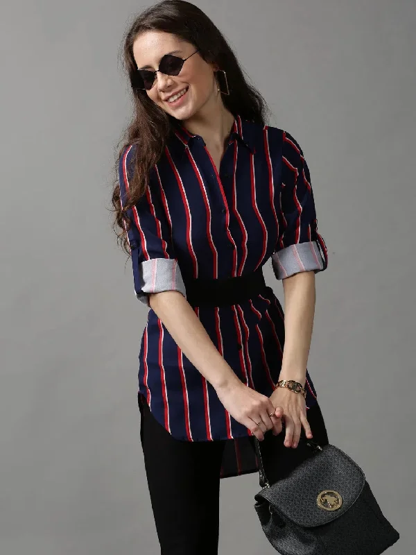 Women's Blue Striped Longline Shirt-AE-10420-Navyblue-- Chenille Brocade Lace