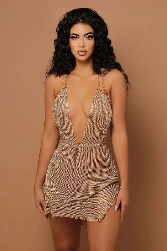 The Dip It Low Diamanté Dress Gold Tunics New arrival