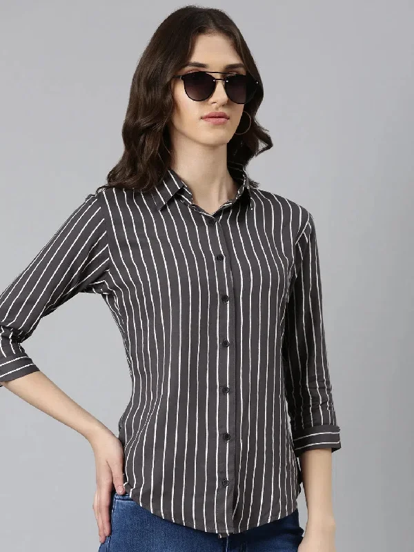 Women Grey Striped Shirt-AE-3194-Grey-- Welt Pockets Slit Pockets