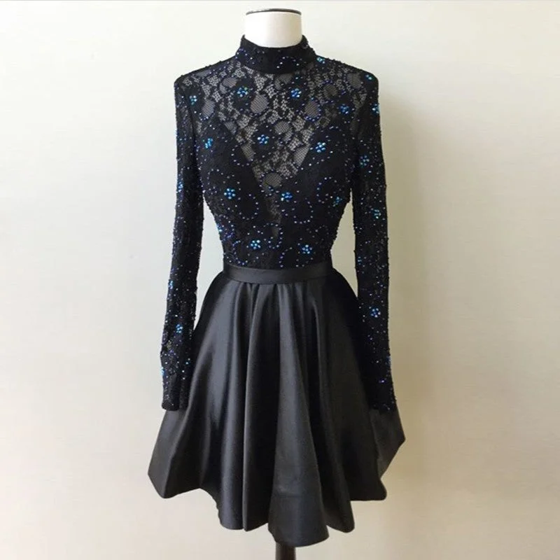 Lace A Line Beading Satin Pleated Black Long Sleeve High Neck Short Homecoming Dresses Tunics Print Colorful