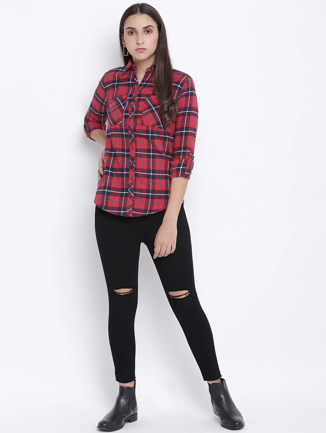 Timeless Red Brush Check Women Shirt-- Collared T-Shirt Boat Neck A-Line