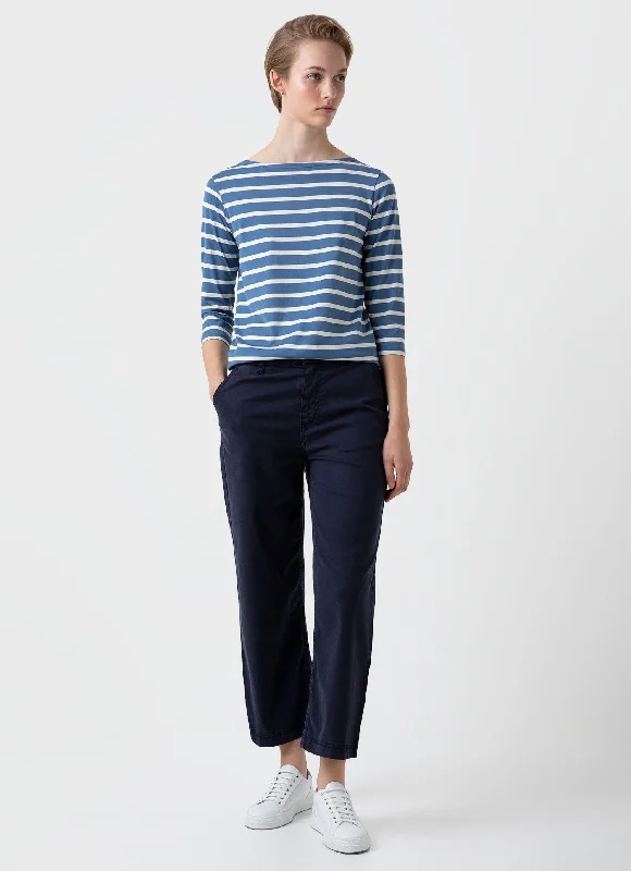 Women's Boat Neck T-shirt in Bluestone/Ecru Breton Stripe-- Notch Collar Peter Pan Collar Cowl Neck