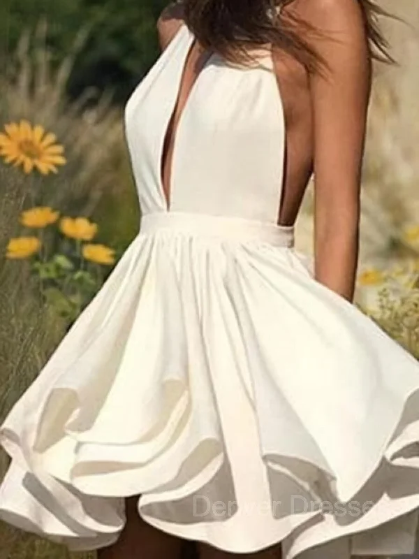A-Line/Princess Halter Short/Mini Satin Homecoming Dresses With Pockets Tunics Leisure comfortable