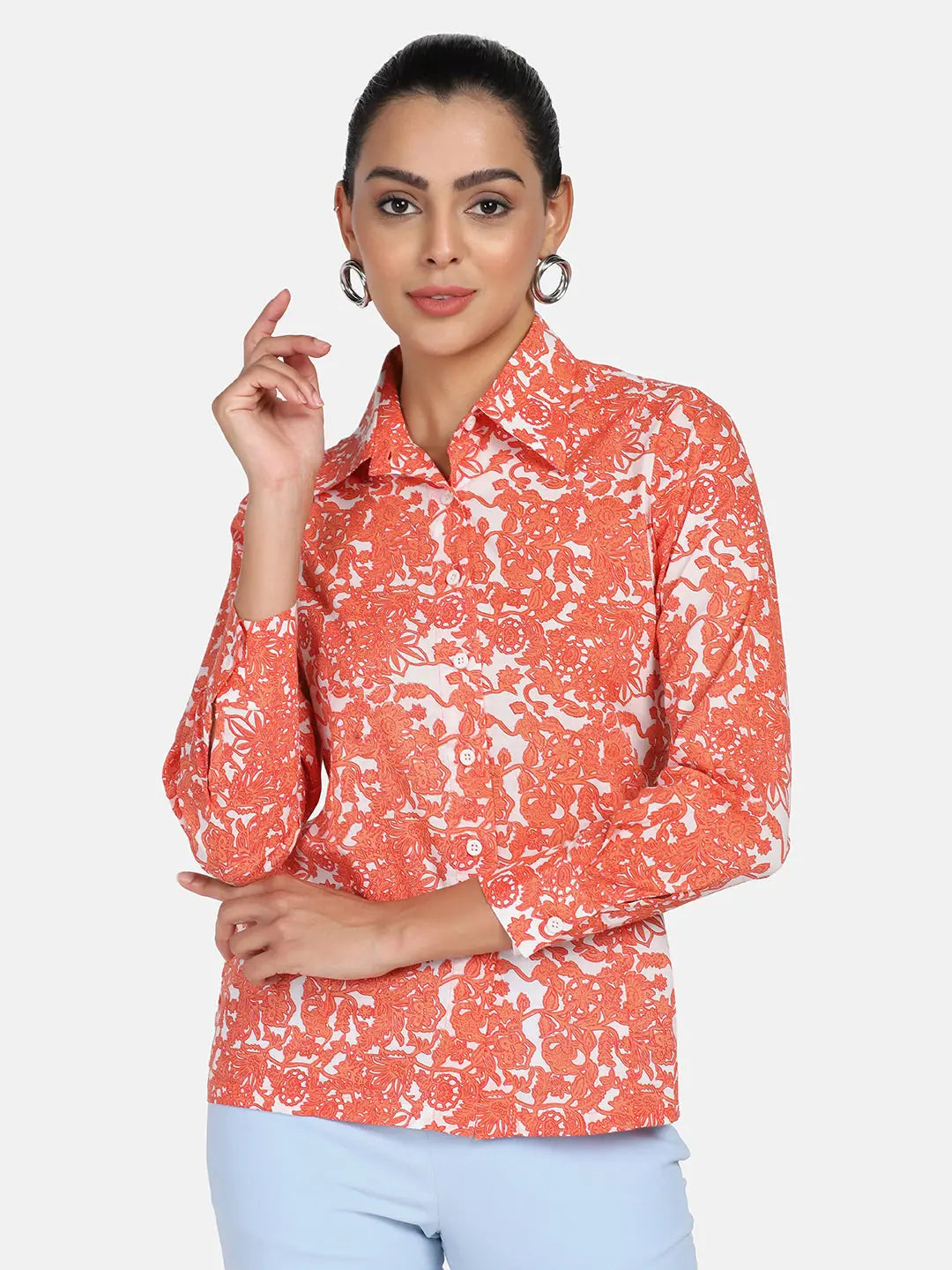 PowerSutra Cotton Printed Shirt - Orange-- Lace Blend Ribbed Blend Corduroy Blend