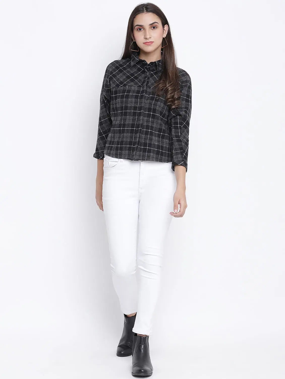 Saggic Black Brush Check Women Shirt-- Casual Formal Business