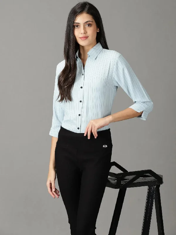 Women's Blue Striped Shirt-AE-3134-Blue-- Thin T-Shirt Open Front Quick Dry
