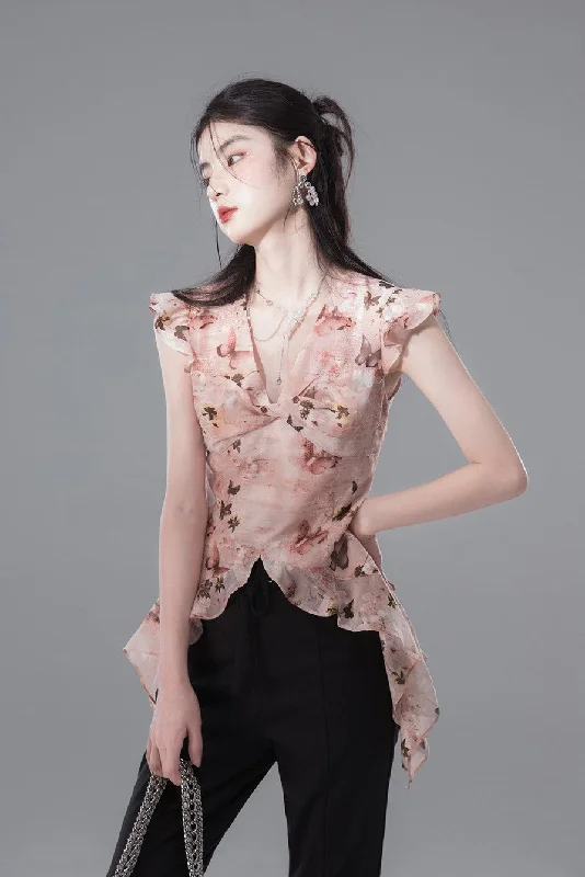 Sunset Orange Pink Layered Style Chiffon Shirt COT0135-- Ribbed Striped Patterned