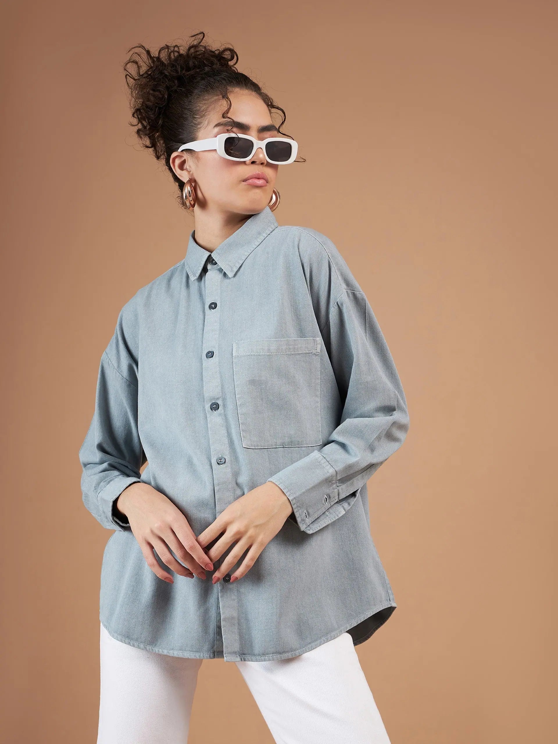 Women Light Blue Twill Oversized Shirt-- Wool Fabric Cashmere Fabric Tweed Fabric