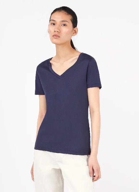 Women's V-neck T-shirt in Navy-- Hooded Caped Shawl Collar