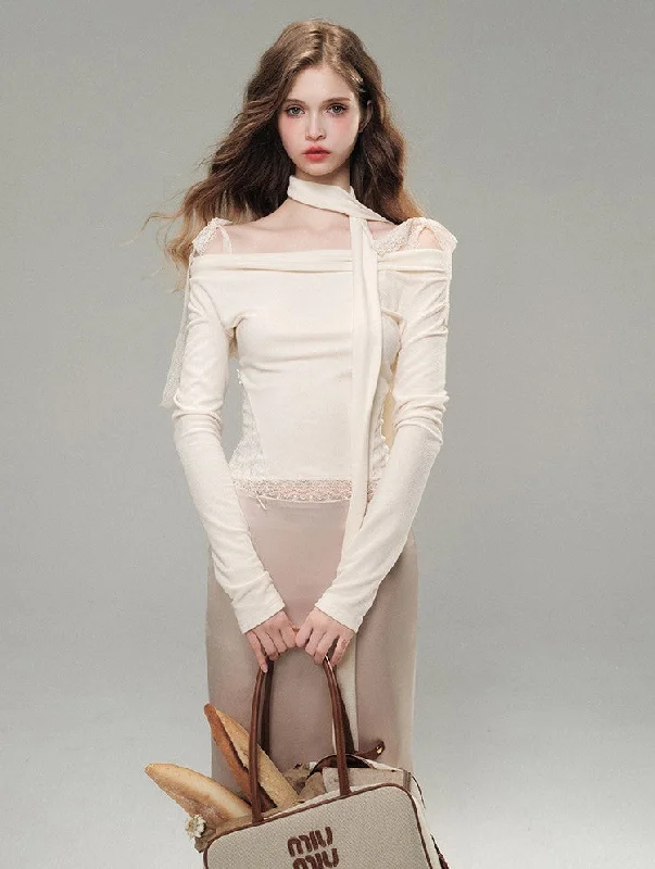 Multi-wear Off-shoulder Lace Tie French T-shirt GRO0067-- Fleece Nylon Spandex