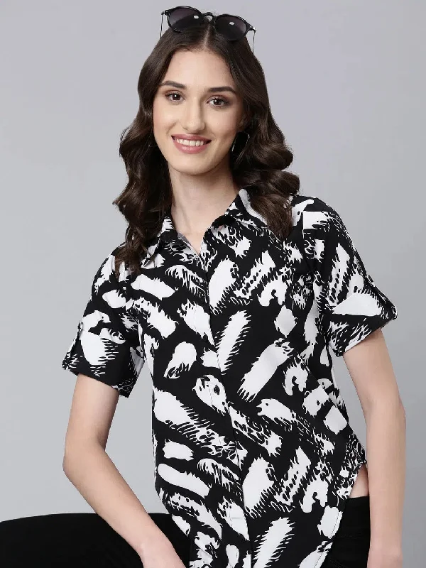 Women Black Printed Shirt-AE-333809-Black-- Notch Collar Peter Pan Collar Cowl Neck