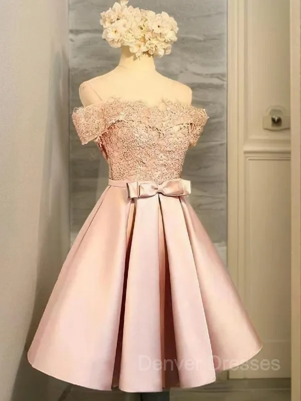A-Line/Princess Off-the-Shoulder Short/Mini Satin Homecoming Dresses With Bow Tunics Yoga stretchy
