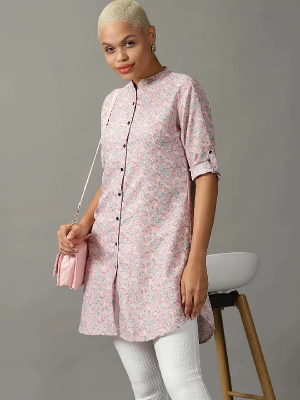 Women's Pink Printed Longline Shirt-AE-444109-Pink-- Lace Blend Ribbed Blend Corduroy Blend