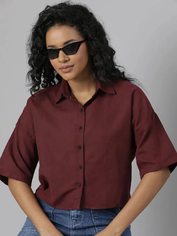 Women Maroon Solid Shirt-AE-333856-Maroon-- Jersey Fabric Tulle Fabric Batik Fabric