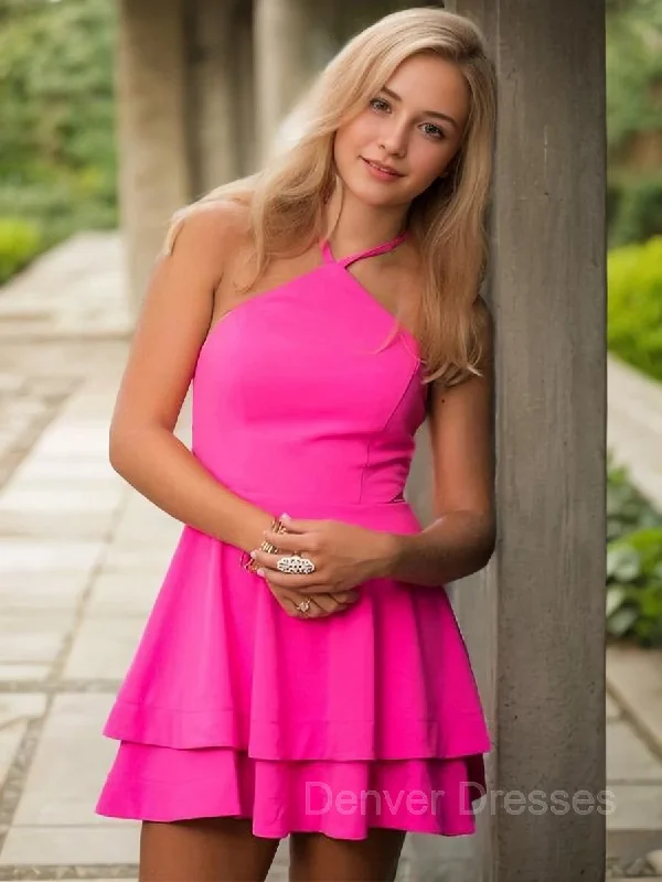 A-Line/Princess Halter Short/Mini Stretch Crepe Homecoming Dresses With Ruffles Tunic Top Casual