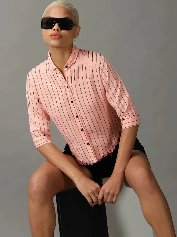 Women's Pink Striped Shirt-AE-333120-Peach-- Faux Fur Fabric Real Fur Fabric Shearling Fabric
