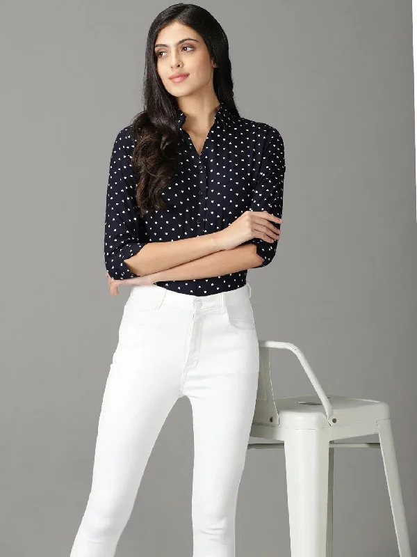 Women's Navy Blue Printed Shirt-AE-3152-Navyblue-- Layered Multi-layer Single Layer