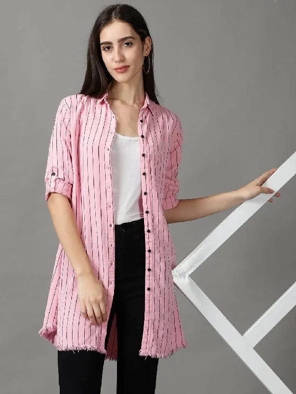 Women's Pink Striped Longline Shirt-AE-444104-Pink-- Chenille Blend Fleece Blend Nylon Blend
