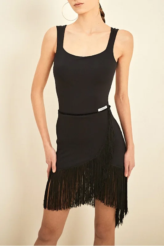 ONDANCE Alessandro Black Latin Practice Dress with Wrap-Around Skirt and Fringe Pra 1298 Tunics Fleece cozy